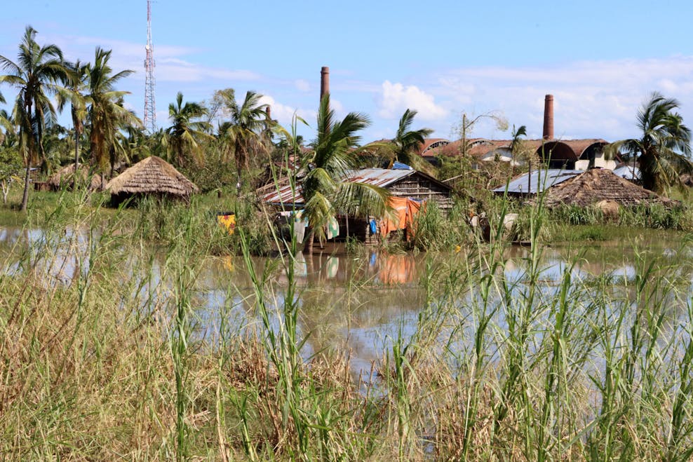 Een veld in Mozambique is overstroomd als gevolg van orkaan Freddy. Op de voorgrond zie je gras, dan water en op de achtergrond huizen.